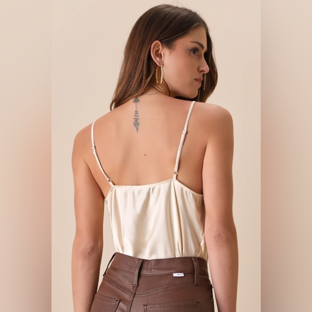 LULU’S Emmerson Champagne Satin Sleeveless Cowl Neck Bodysuit - Picture 3 of 4